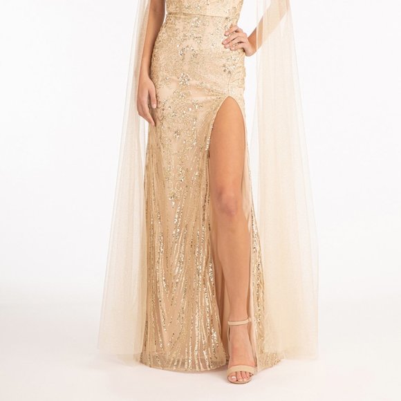 NEW LONG OFF THE SHOULDER SLEEVELESS SHEATH GOWN EMBROIDERED WITH GLITTER GL3047 - Picture 8 of 13